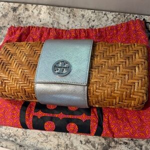 Tory Burch Tan and Silver Woven Clutch